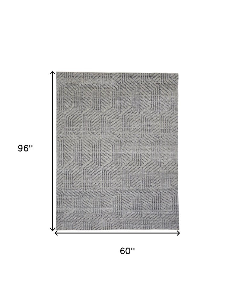 5' X 8' Tan and Gray Wool Geometric Hand Knotted Area Rug