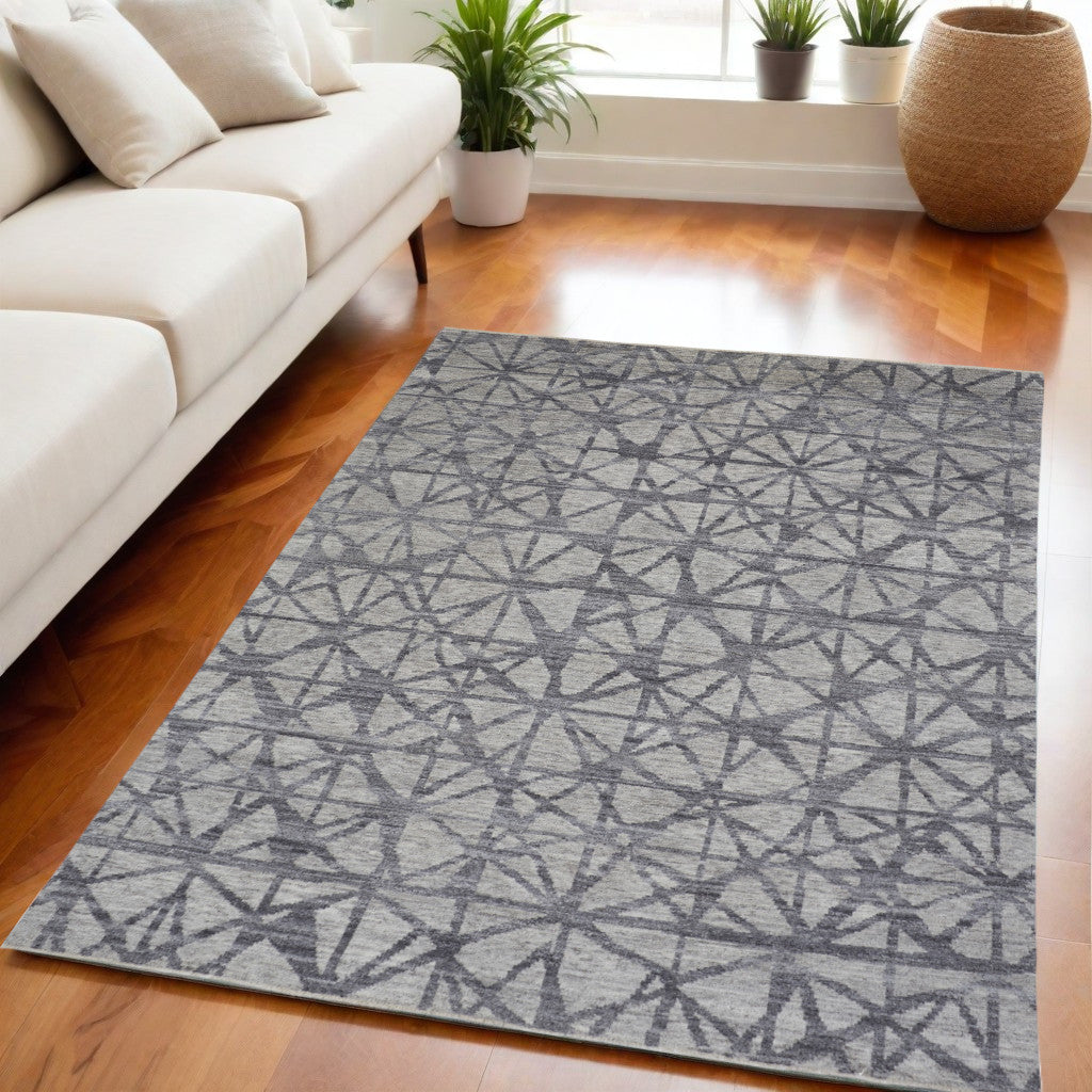 5' X 8' Gray Wool Geometric Hand Knotted Distressed Area Rug