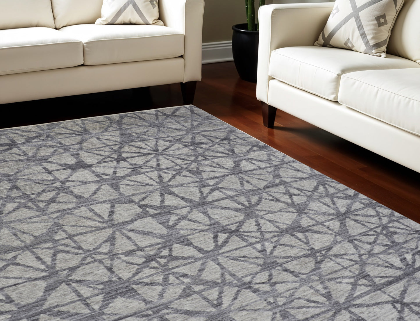 5' X 8' Gray Wool Geometric Hand Knotted Distressed Area Rug