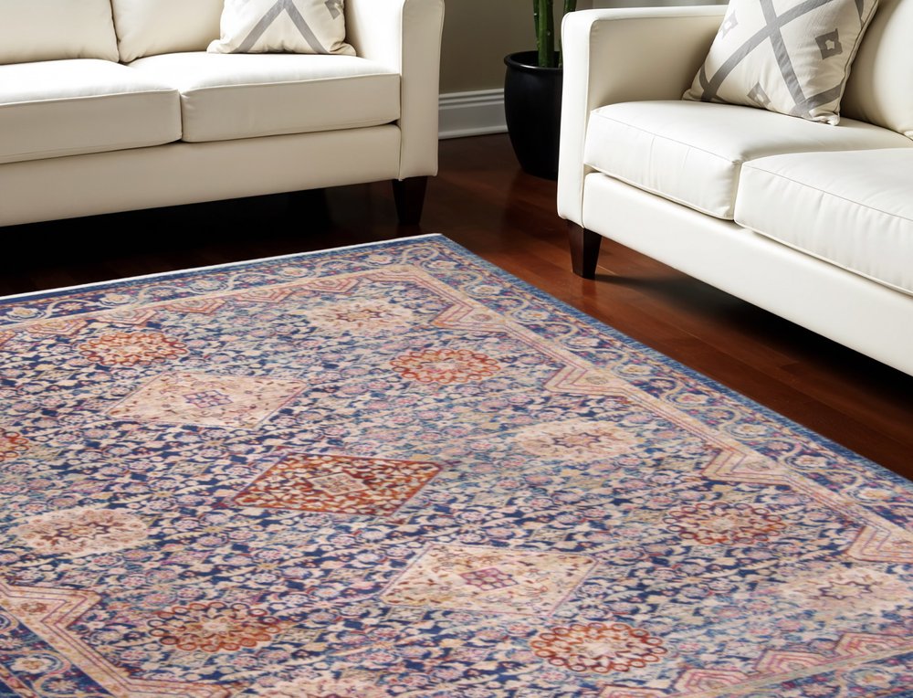 9' X 13' Blue Red and Gold Oriental Power Loom Area Rug