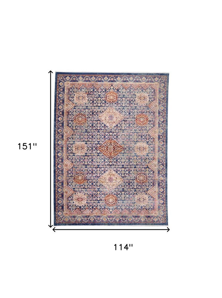 9' X 13' Blue Red and Gold Oriental Power Loom Area Rug