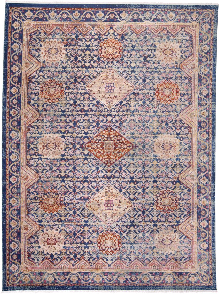 9' X 13' Blue Red and Gold Oriental Power Loom Area Rug