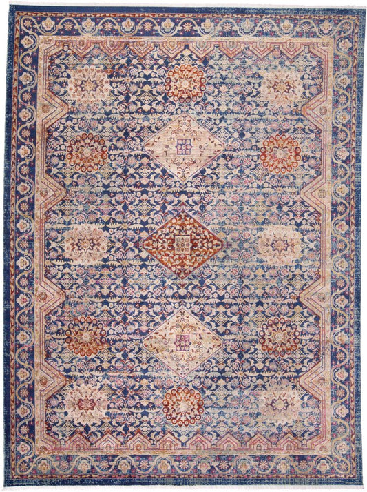 9' X 13' Blue Red and Gold Oriental Power Loom Area Rug