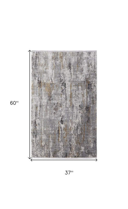 3' X 5' Gray Ivory and Gold Abstract Power Loom Area Rug With Fringe