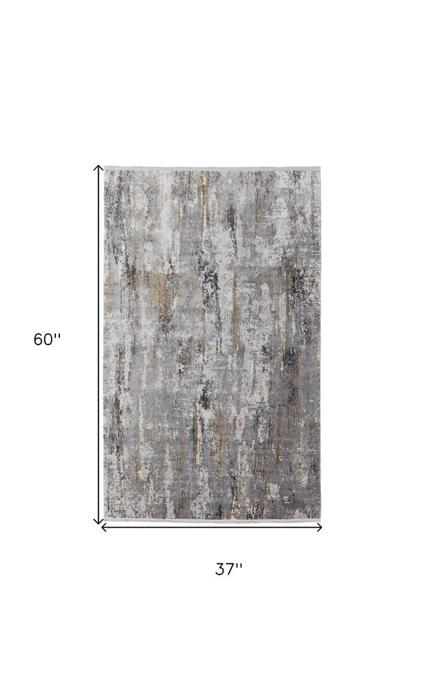 3' X 5' Gray Ivory and Gold Abstract Power Loom Area Rug With Fringe