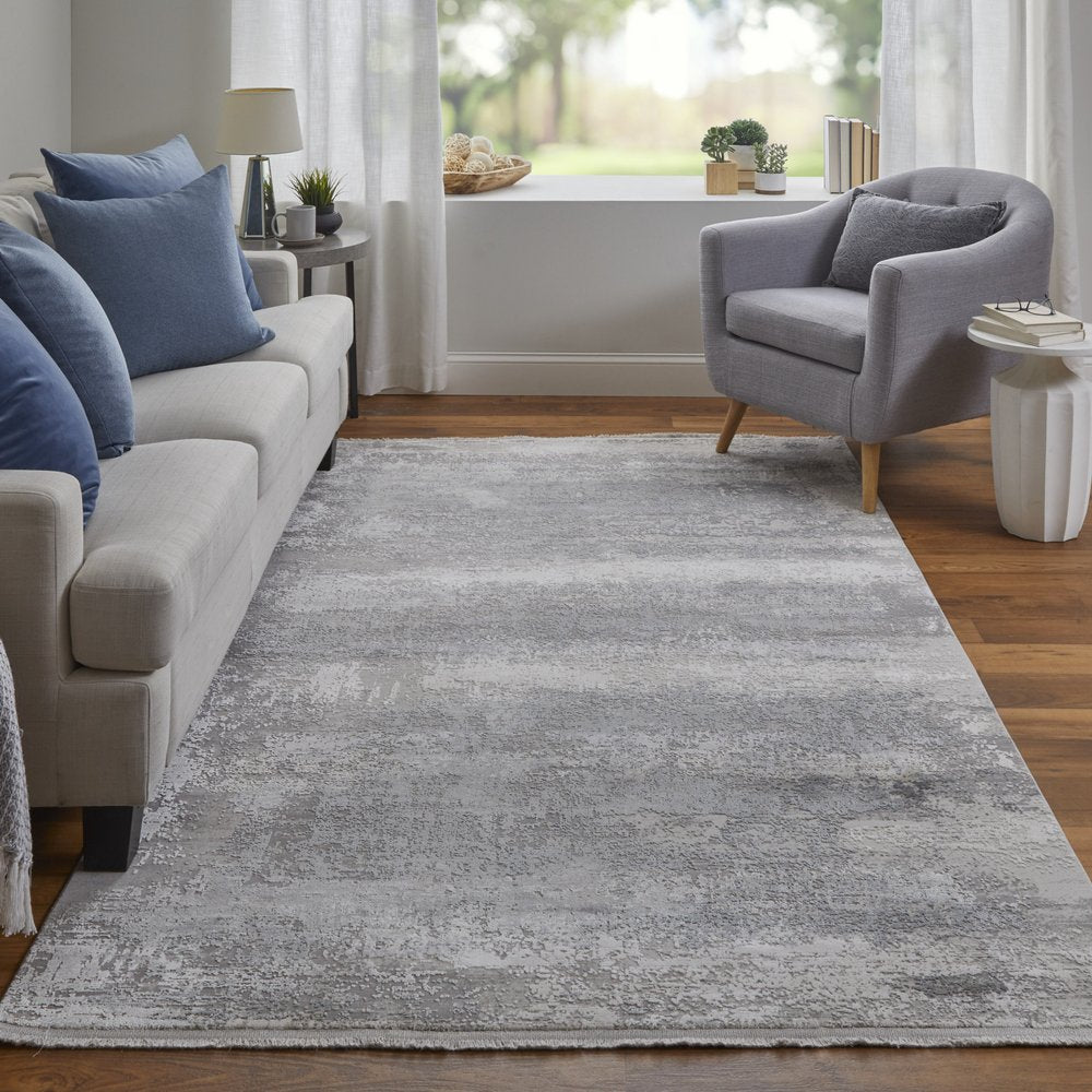 3' X 5' Gray Abstract Power Loom Area Rug With Fringe