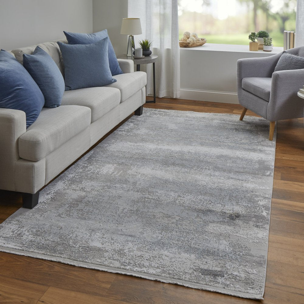 3' X 5' Gray Abstract Power Loom Area Rug With Fringe