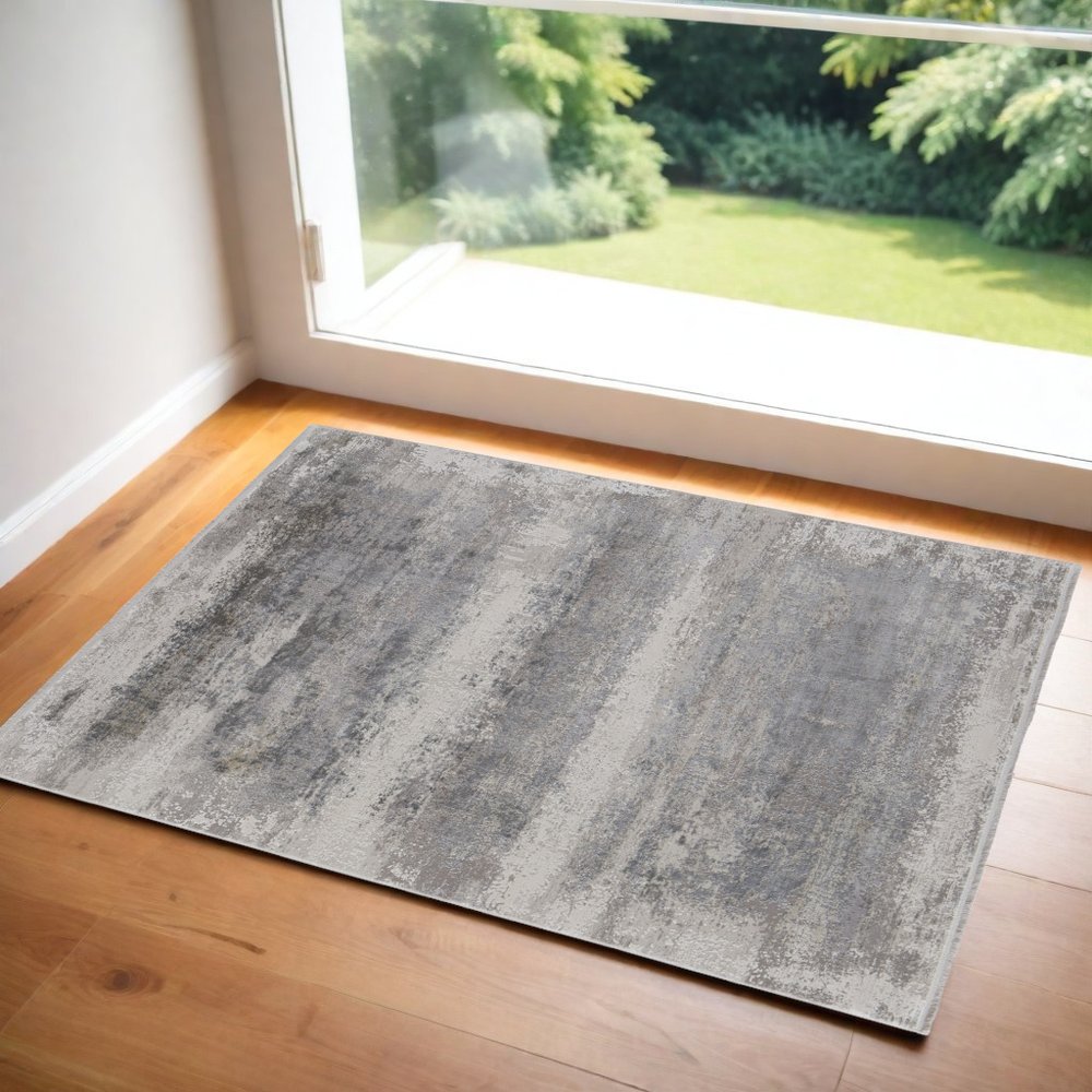 3' X 5' Gray Abstract Power Loom Area Rug With Fringe