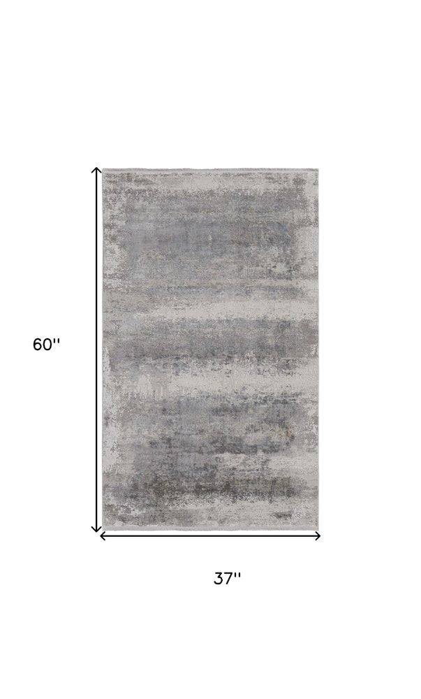 3' X 5' Gray Abstract Power Loom Area Rug With Fringe