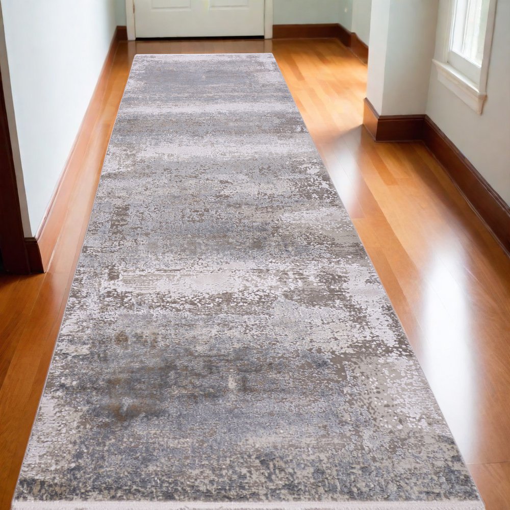 3' X 5' Gray Abstract Power Loom Area Rug With Fringe