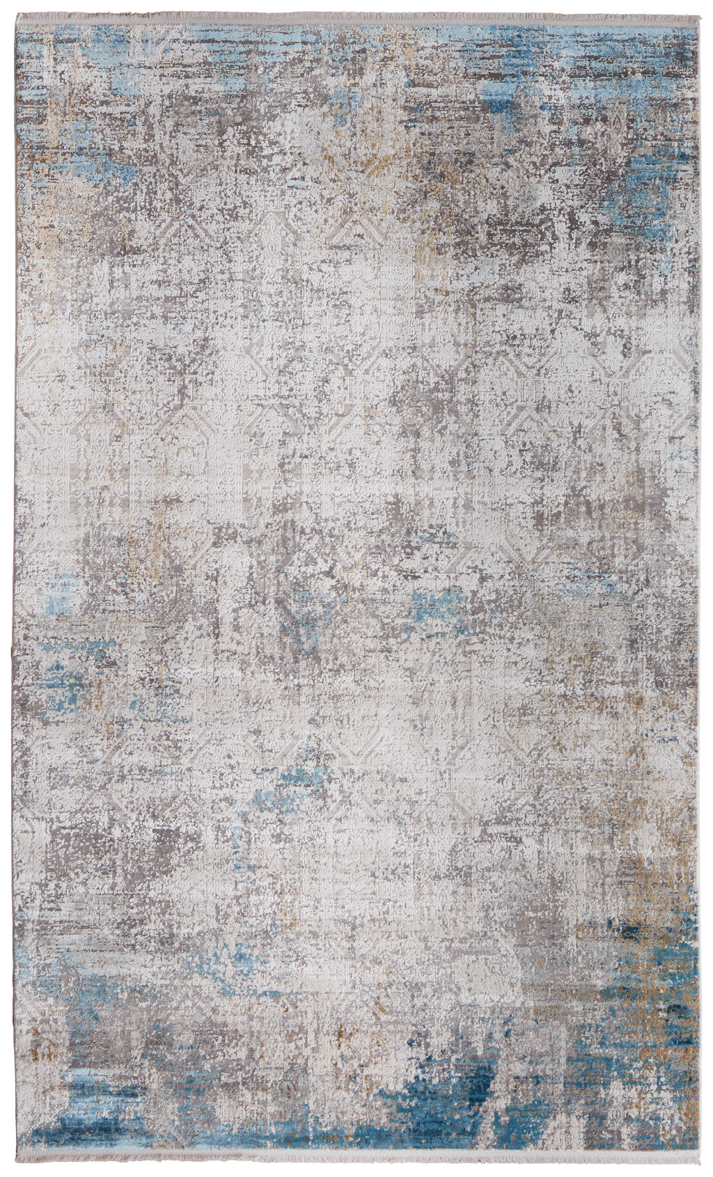 5' X 8' Ivory Gray and Blue Abstract Power Loom Area Rug With Fringe