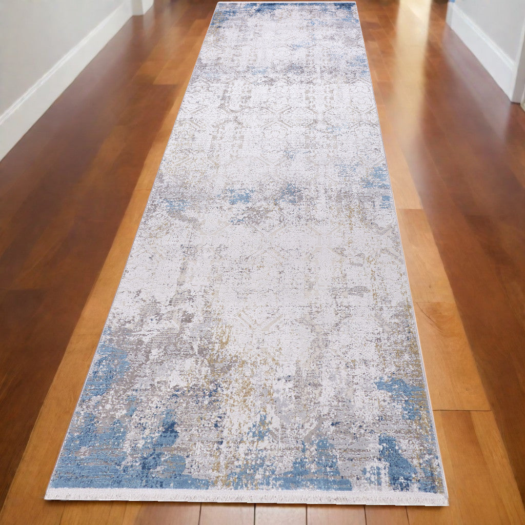 5' X 8' Ivory Gray and Blue Abstract Power Loom Area Rug With Fringe