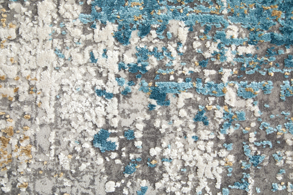 5' X 8' Ivory Gray and Blue Abstract Power Loom Area Rug With Fringe