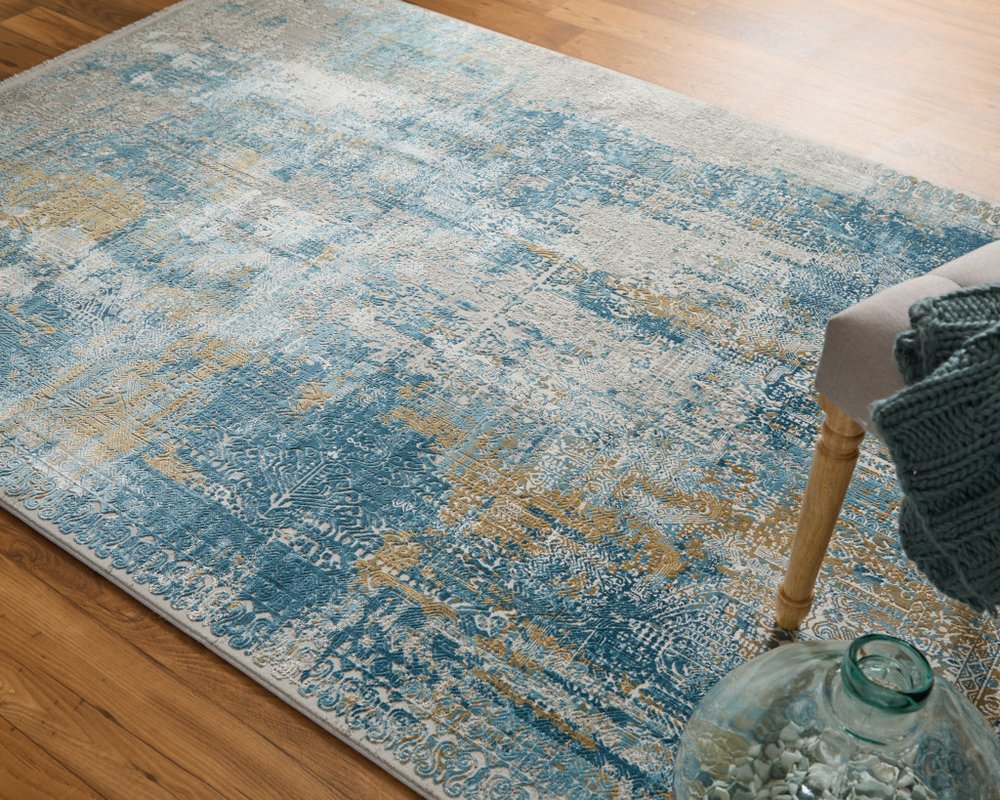 3' X 5' Blue Gold and Gray Abstract Power Loom Area Rug With Fringe