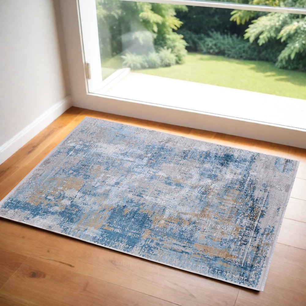 3' X 5' Blue Gold and Gray Abstract Power Loom Area Rug With Fringe