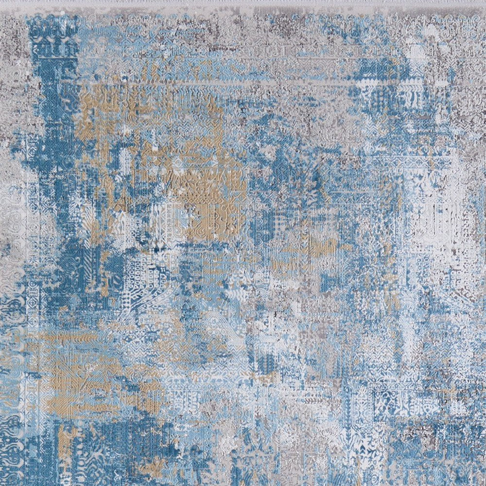 3' X 5' Blue Gold and Gray Abstract Power Loom Area Rug With Fringe