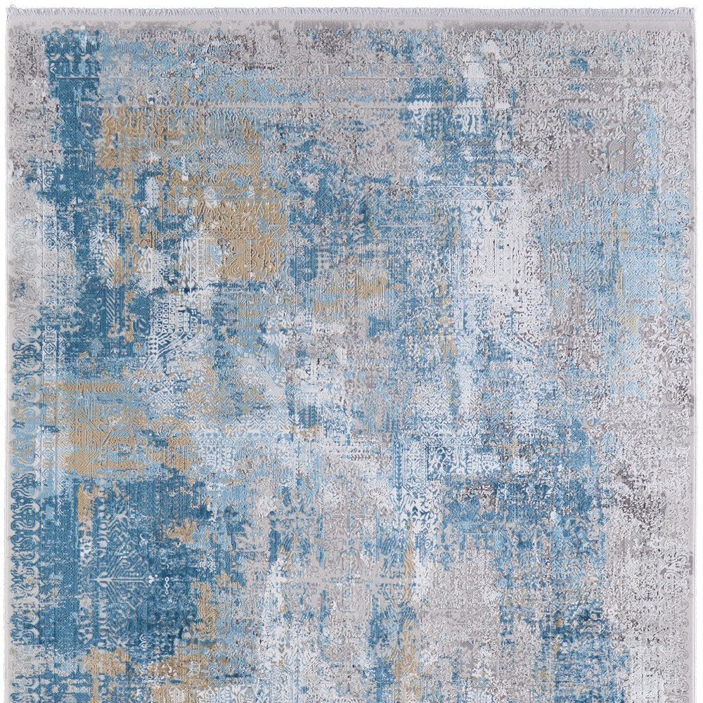 3' X 5' Blue Gold and Gray Abstract Power Loom Area Rug With Fringe