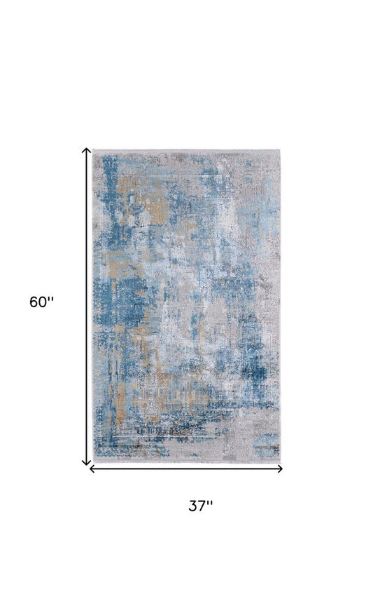 3' X 5' Blue Gold and Gray Abstract Power Loom Area Rug With Fringe