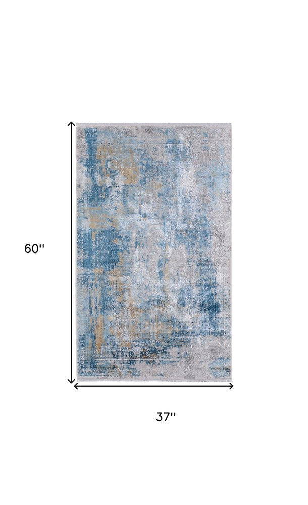 3' X 5' Blue Gold and Gray Abstract Power Loom Area Rug With Fringe