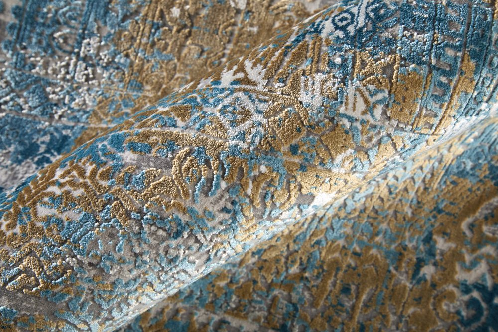 3' X 5' Blue Gold and Gray Abstract Power Loom Area Rug With Fringe