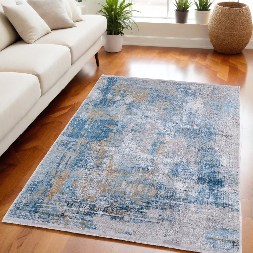 3' X 5' Blue Gold and Gray Abstract Power Loom Area Rug With Fringe