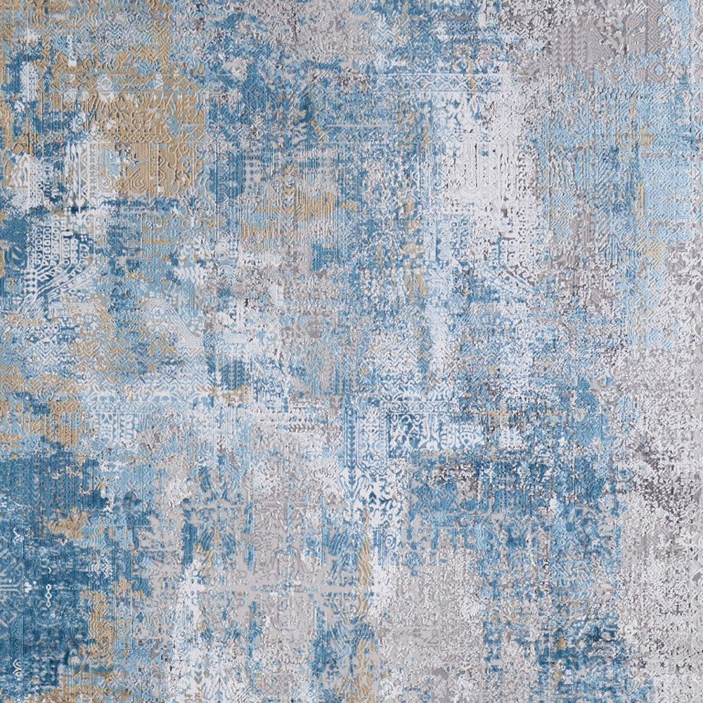 3' X 5' Blue Gold and Gray Abstract Power Loom Area Rug With Fringe