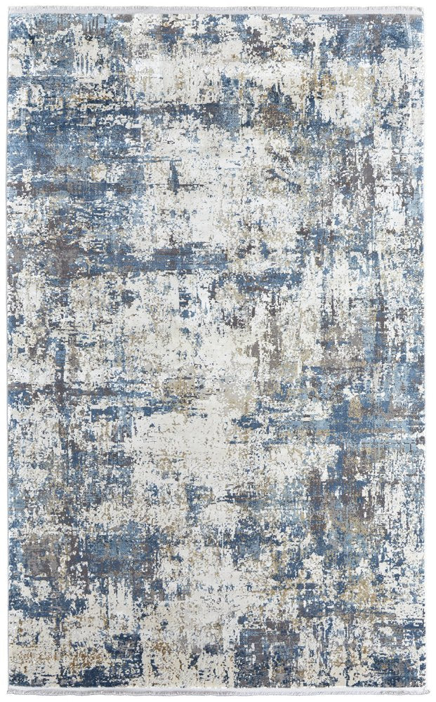 3' X 5' Ivory Tan and Blue Abstract Power Loom Area Rug With Fringe