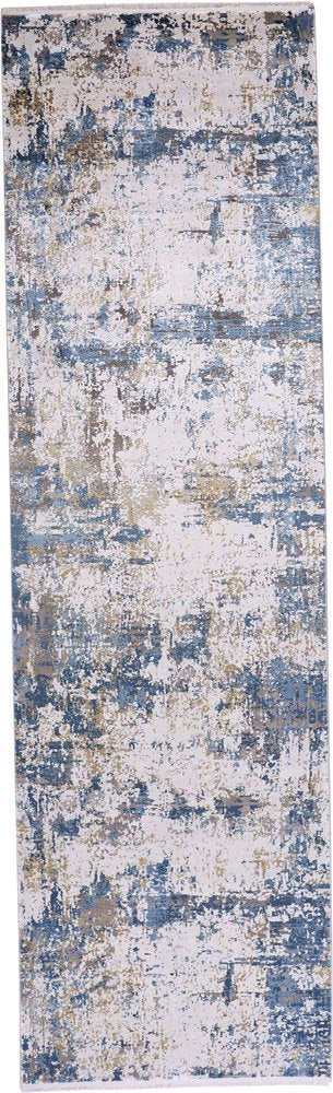 3' X 5' Ivory Tan and Blue Abstract Power Loom Area Rug With Fringe