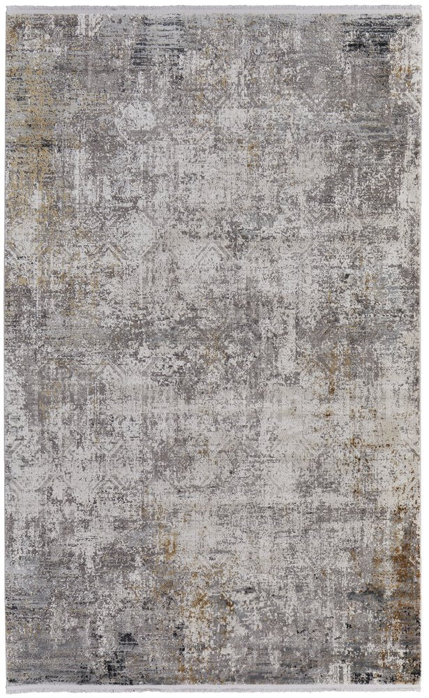 3' X 5' Ivory Taupe and Gray Abstract Power Loom Distressed Area Rug With Fringe