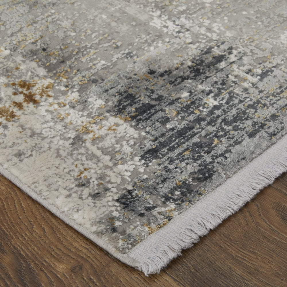 3' X 5' Ivory Taupe and Gray Abstract Power Loom Distressed Area Rug With Fringe