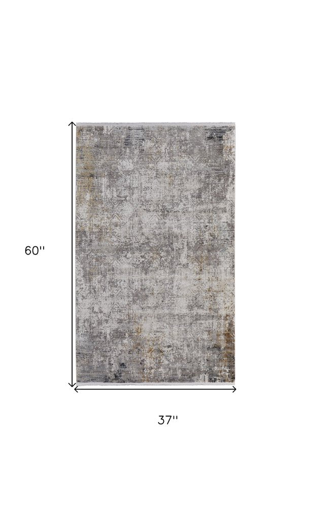 3' X 5' Ivory Taupe and Gray Abstract Power Loom Distressed Area Rug With Fringe