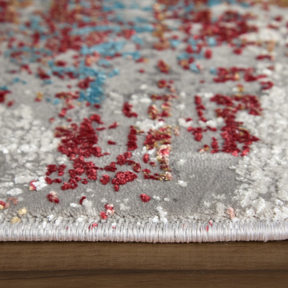 3' X 5' Gray Blue and Red Abstract Power Loom Area Rug With Fringe