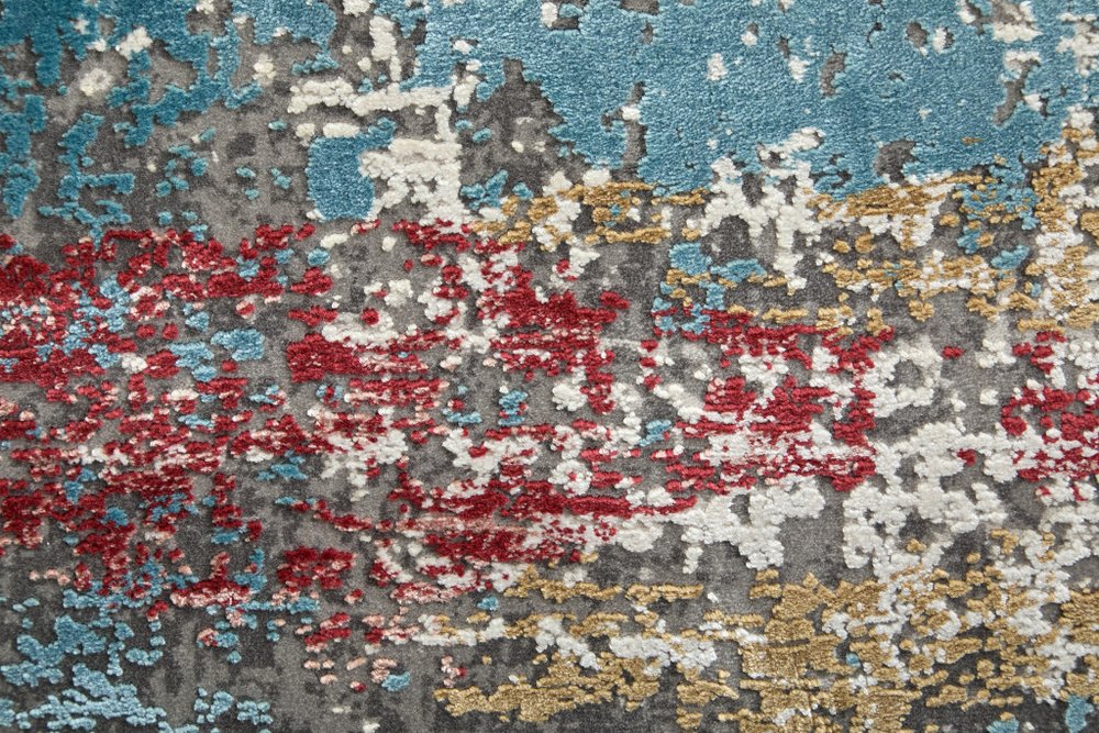 3' X 5' Gray Blue and Red Abstract Power Loom Area Rug With Fringe