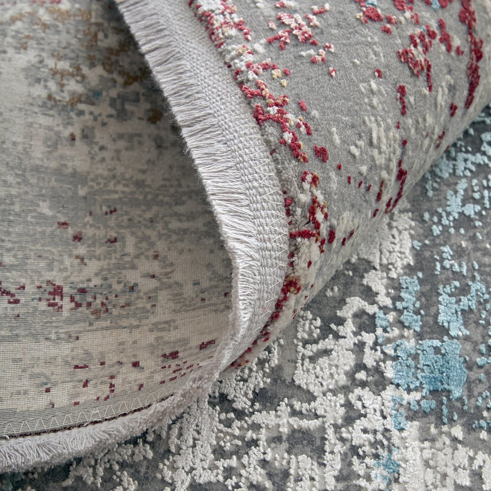 3' X 5' Gray Blue and Red Abstract Power Loom Area Rug With Fringe