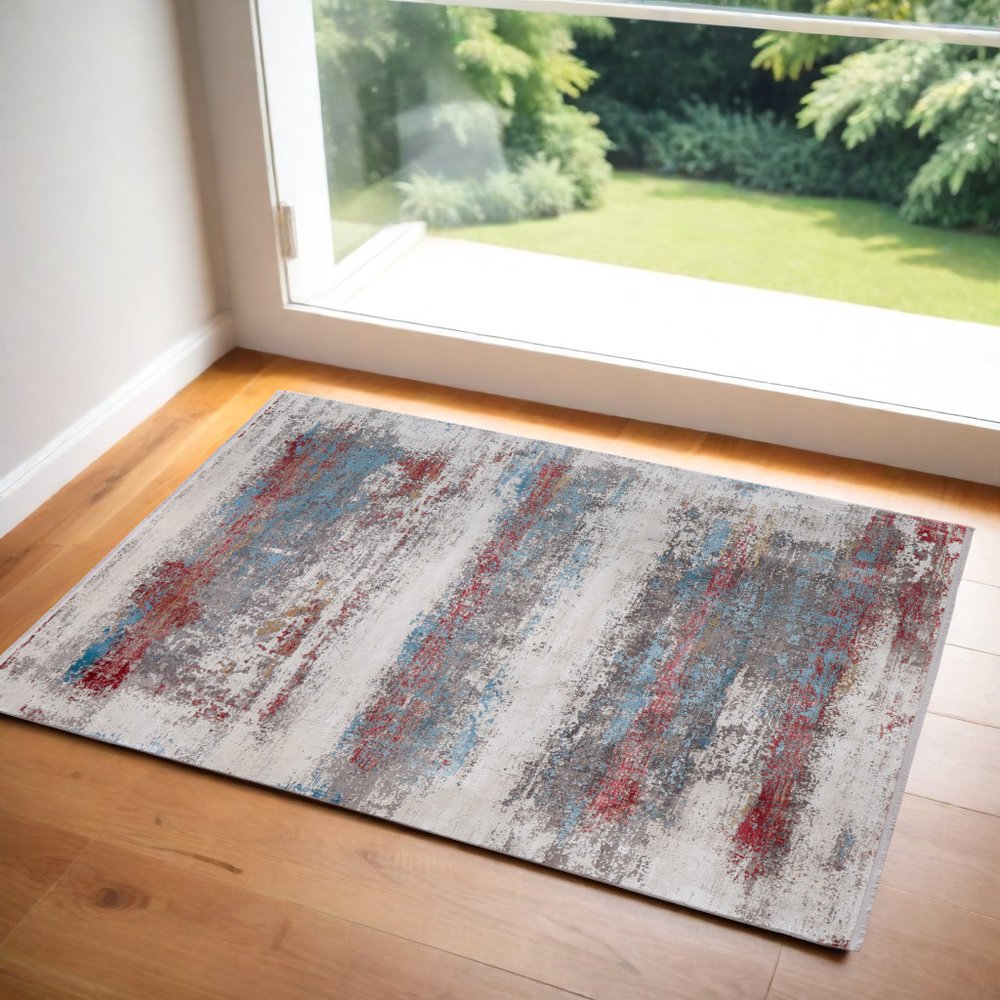 3' X 5' Gray Blue and Red Abstract Power Loom Area Rug With Fringe