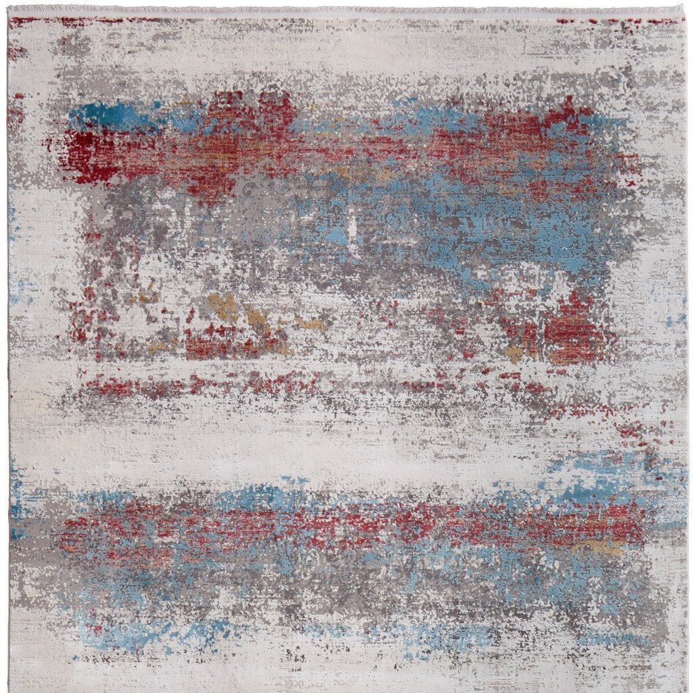 3' X 5' Gray Blue and Red Abstract Power Loom Area Rug With Fringe