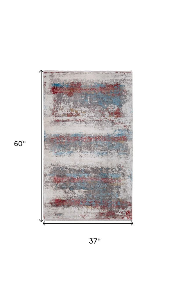 3' X 5' Gray Blue and Red Abstract Power Loom Area Rug With Fringe