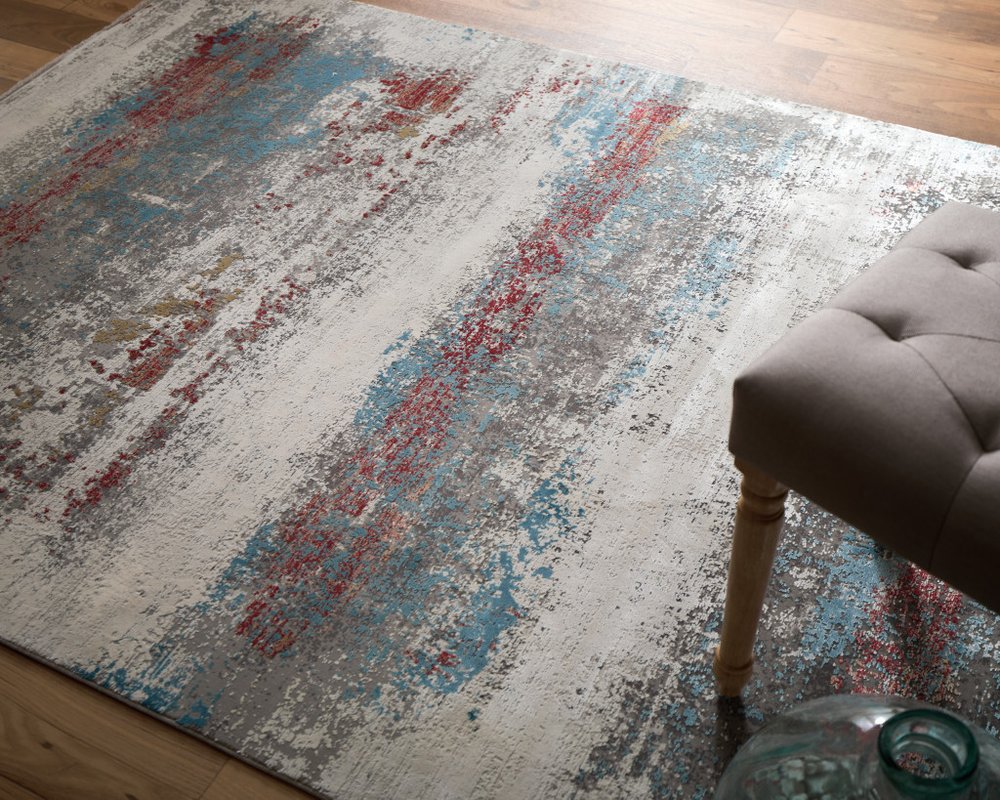 3' X 5' Gray Blue and Red Abstract Power Loom Area Rug With Fringe