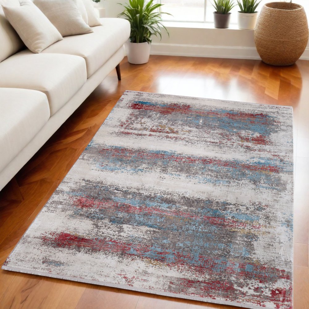 3' X 5' Gray Blue and Red Abstract Power Loom Area Rug With Fringe
