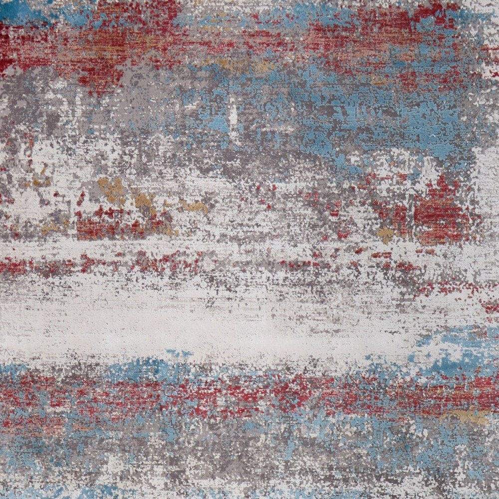 3' X 5' Gray Blue and Red Abstract Power Loom Area Rug With Fringe