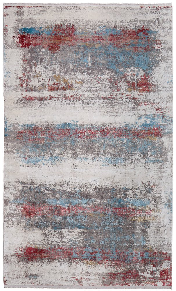 3' X 5' Gray Blue and Red Abstract Power Loom Area Rug With Fringe