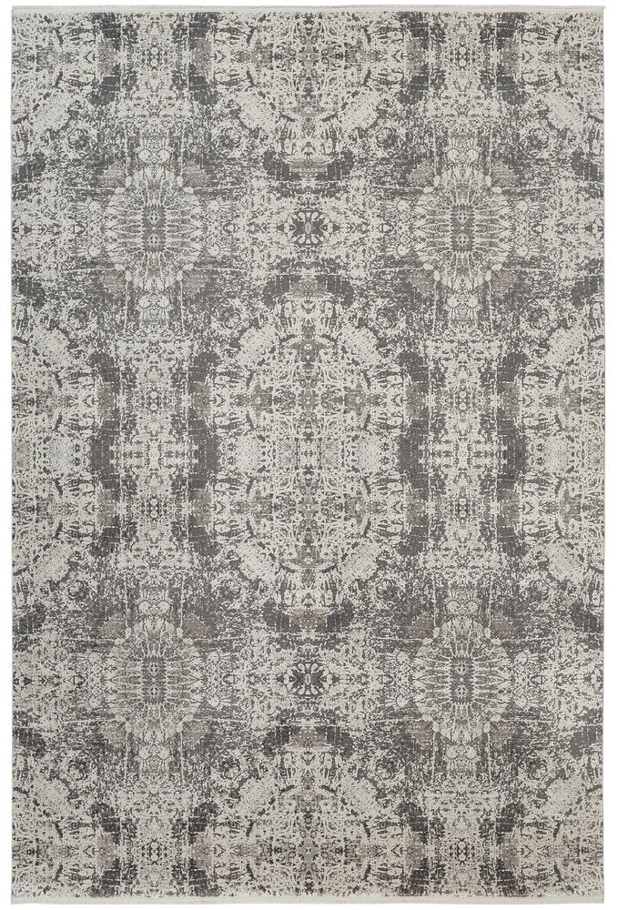 5' X 8' Ivory Taupe and Gray Abstract Power Loom Distressed Area Rug With Fringe