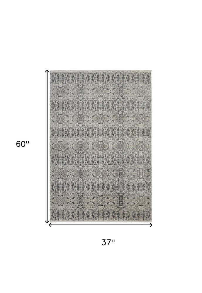 5' X 8' Ivory Taupe and Gray Oriental Power Loom Area Rug With Fringe