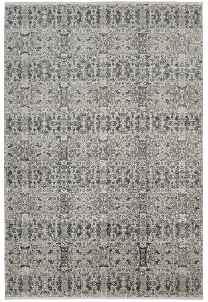 5' X 8' Ivory Taupe and Gray Oriental Power Loom Area Rug With Fringe