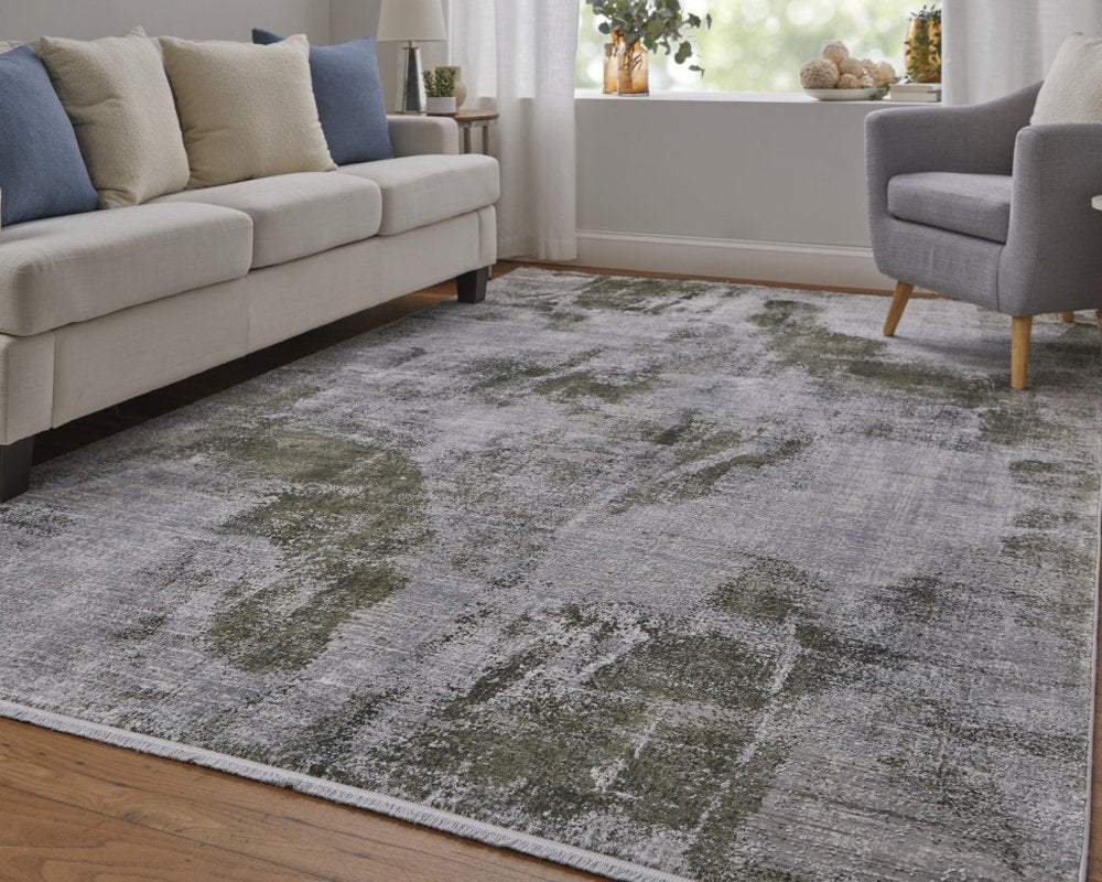 3' X 5' Gray Silver and Green Ikat Power Loom Area Rug With Fringe