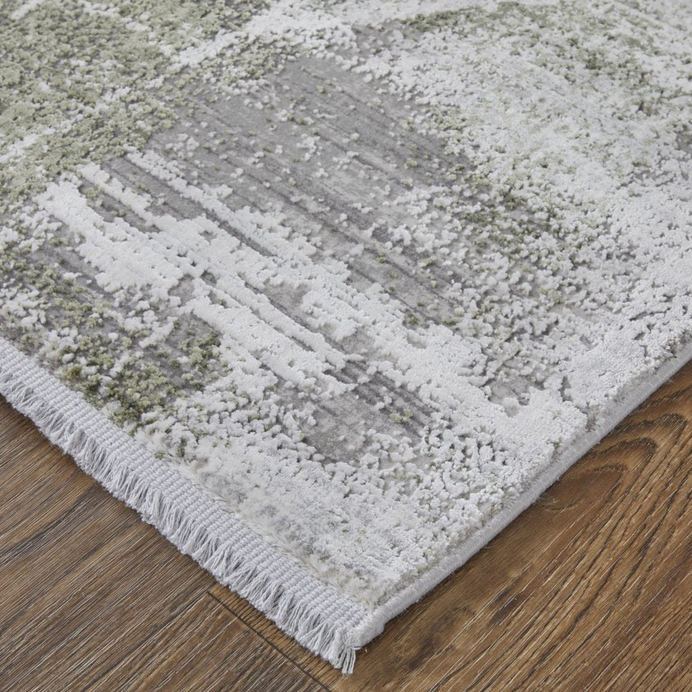 3' X 5' Gray Silver and Green Ikat Power Loom Area Rug With Fringe
