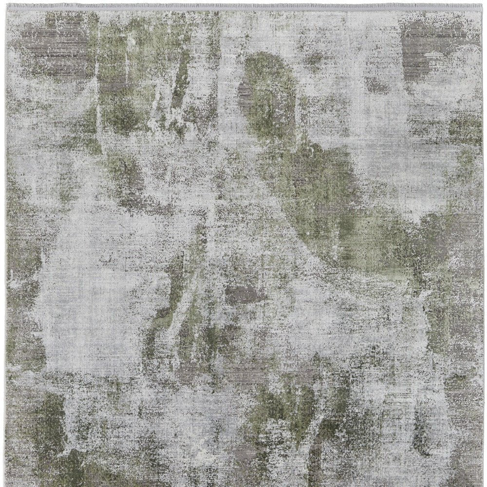 3' X 5' Gray Silver and Green Ikat Power Loom Area Rug With Fringe