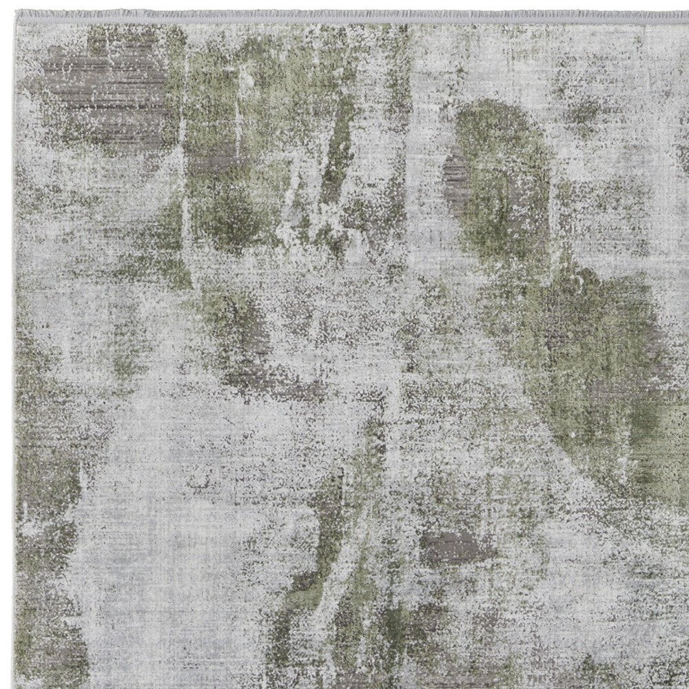 3' X 5' Gray Silver and Green Ikat Power Loom Area Rug With Fringe