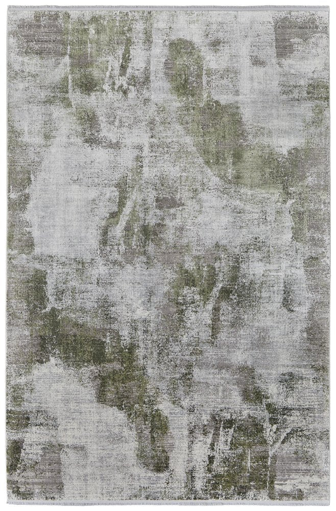 3' X 5' Gray Silver and Green Ikat Power Loom Area Rug With Fringe