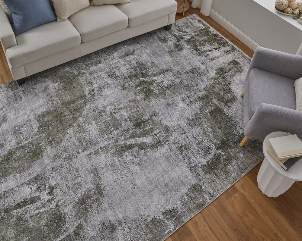3' X 5' Gray Silver and Green Ikat Power Loom Area Rug With Fringe